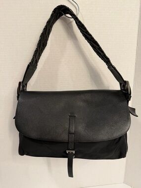 PRADA Black Leather & Fabric Flap Shoulder Bag Y2K